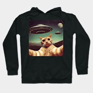 Funny Cat In Space Selfie With UFOs Behind Hoodie